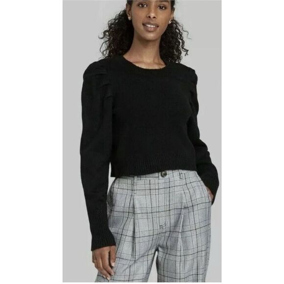 New Wild Fable Junior Women’s Black Puff Sleeve Cropped Stretch Black Sweater M - Picture 11 of 11